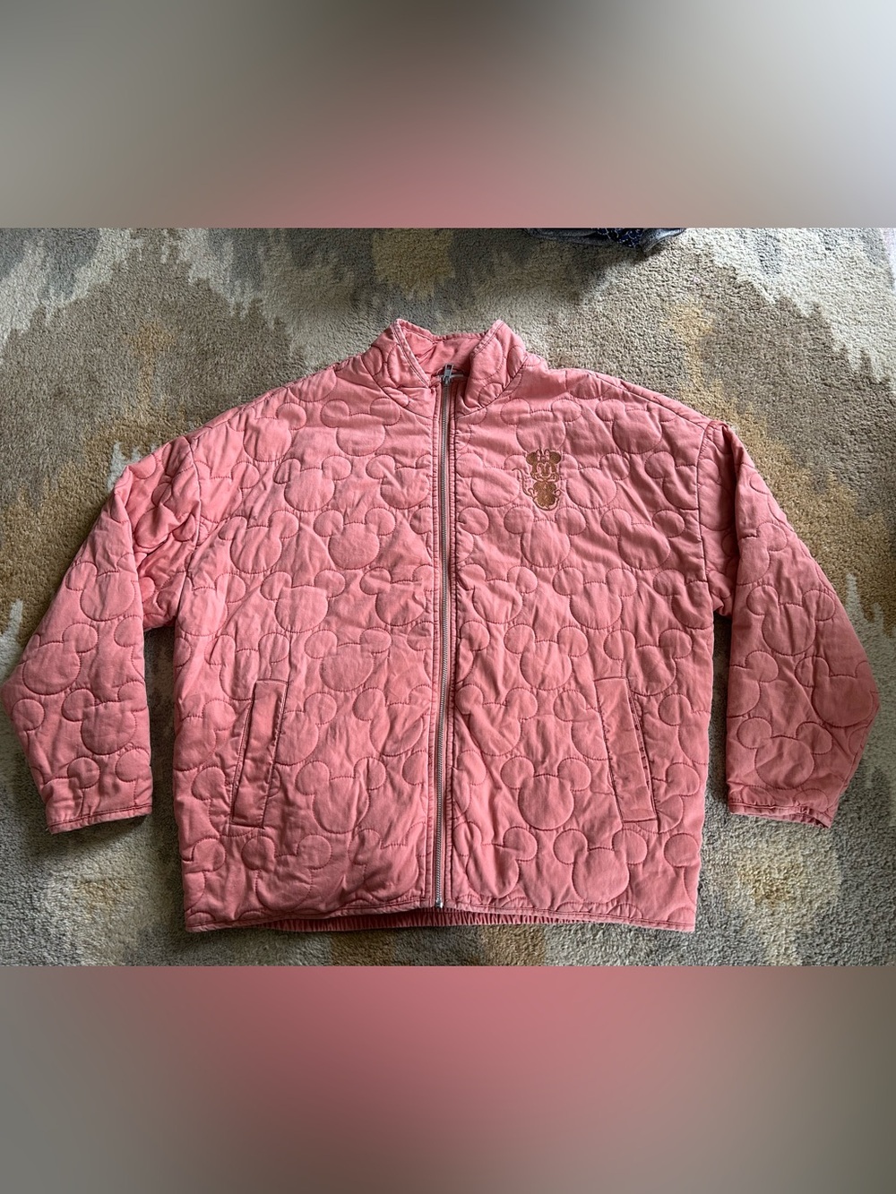 Disney Parks Quilted Bomber Zip Up Minnie Mouse Jacket Peach Pink Sz XL EUC!
